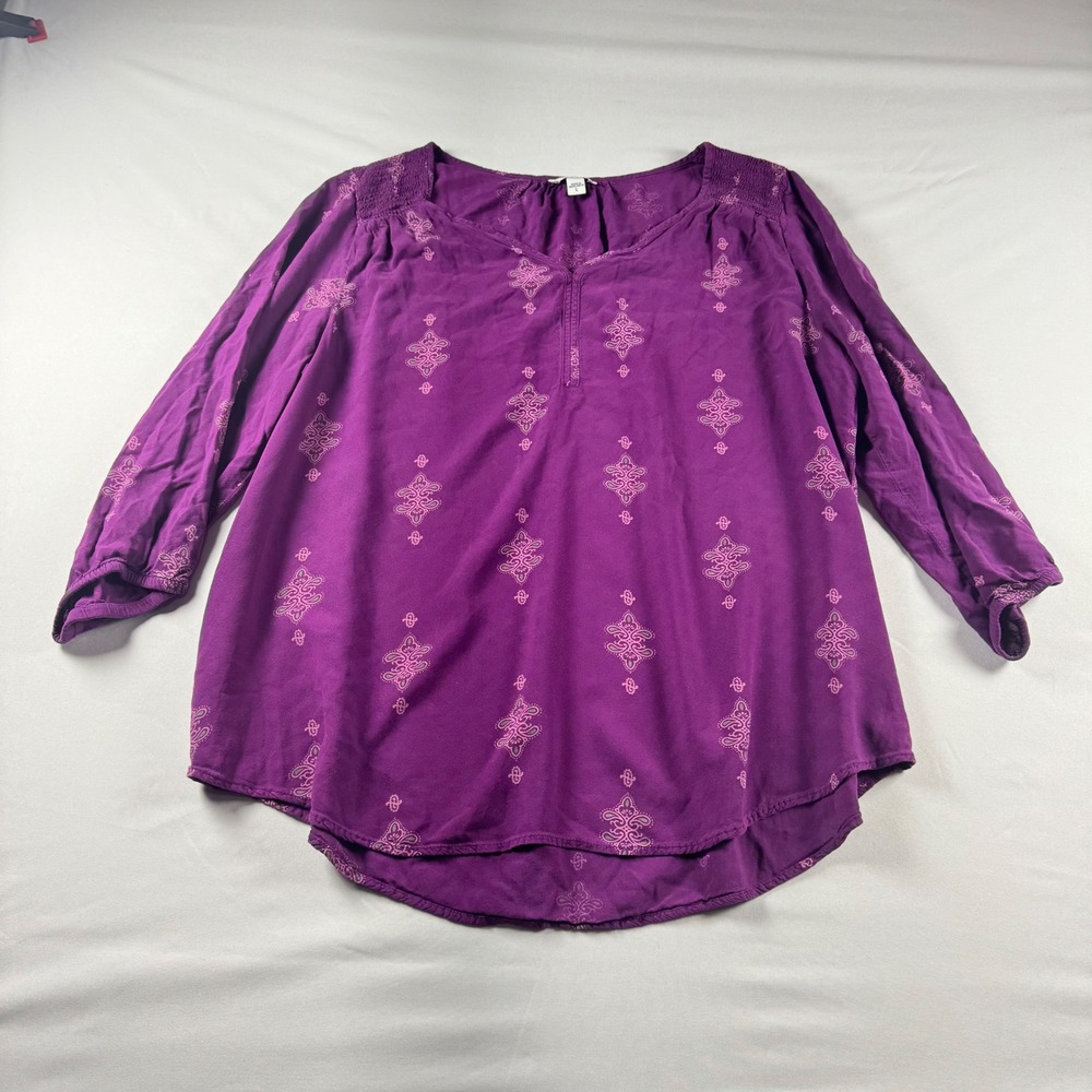 Sonoma Goods For Life Womens Purple Medallion Print Peasant Blouse Large 3/4 Slv